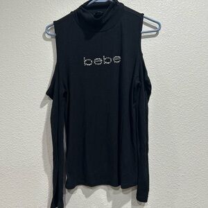 Bebe Sport black rhinestone logo mock neck cold shoulder top Size Small